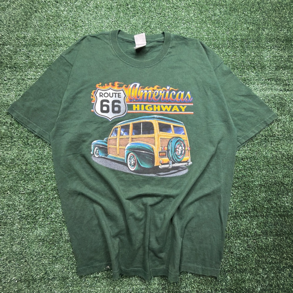 Fruit of the Loom Route 66 Woodie Car Graphic T-Shirt Mens XL Green Vintage